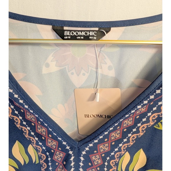 BLOOMCHIC  Sz 12 Navy Floral Print V Neck Long Sleeve Midi Dress Womens - Picture 3 of 4